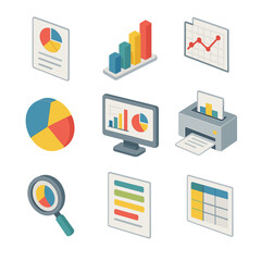 Financial and Black History Icons. Isometric Flat icon set of financial reporting: report document, bar graph, line chart, pie