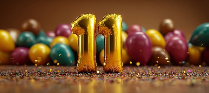 Vibrant and Colorful Eleventh Birthday Celebration with Number 11 Balloon Surrounded by Confetti