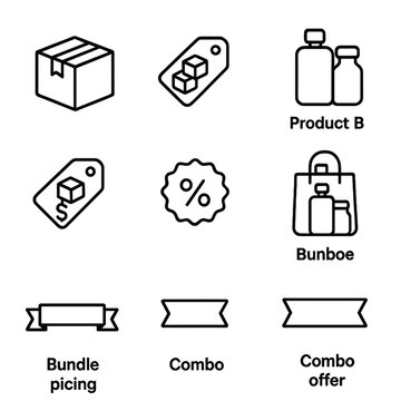 Bundle Pricing Icons. Outline icon set of Bundle Pricing Offers: bundle box icon, package deal tag, product A silhouette, product