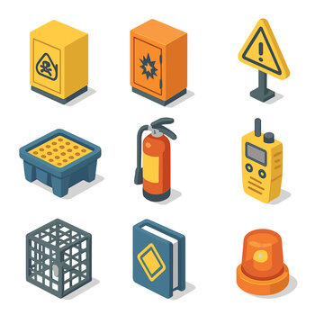 Hazardous Material Icon Set. Isometric Flat icon set of hazardous material storage: chemical storage cabinet, explosion-proof