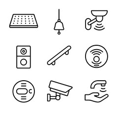 Home Safety Icons. Outline icon set of home safety modifications: non-slip mat, emergency pull cord, motion-sensor light, smart