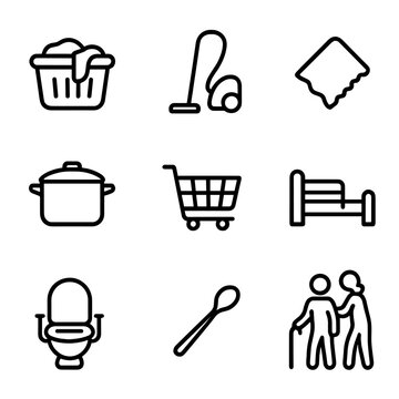 Home Care Icons. Outline icon set of home caregiving tasks: laundry basket, vacuum cleaner, dusting cloth, cooking pot, shopping