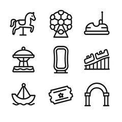 Obraz na płótnie Canvas Carnival Ride Icons. Outline icon set of carnival rides alongside parade: carousel horse, ferris wheel, bumper car, tilt-a-whirl,