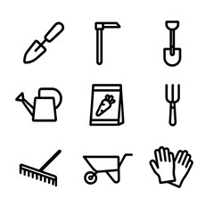 Carrot Cultivation Icons. Outline icon set of Carrot Cultivation Tools: garden trowel, hoe, spade, watering can, seed packet,