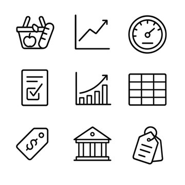 Inflation Icon Set. Outline icon set of measuring inflation: consumer price basket, producer price index chart, GDP deflator gauge