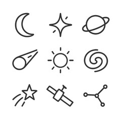 Celestial Icon Grid. Outline icon set of dreamy celestial objects: crescent moon, glowing star, planet ring, comet, floating sun,