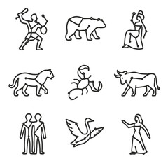 Celestial Constellation Icons. Outline icon set of Celestial Constellations: Orion hunter, Ursa Major bear, Cassiopeia queen, Leo