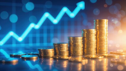 Golden coins stacked in ascending order against a backdrop of a glowing blue financial growth chart