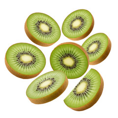 Fototapeta premium Multiple fresh kiwi slices, translucent green pulp, black seeds, and brown fuzzy skin, levitating dynamically on a bright, shadowless white studio background with copy space, ultra-realistic. Concept