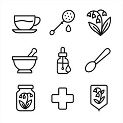 Lily Valley Tea Icons. Outline icon set of Medicinal and Tea Uses of Lily of the Valley: tea cup, tea strainer, herb sprig, mortar