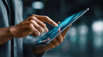 A man holding a tablet computer in his hands