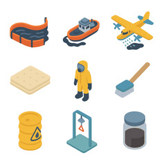Fototapeta premium Oil Spill Response Icons. Isometric Flat icon set of oil spill response: oil containment boom, skimmer vessel, dispersant spray