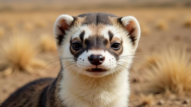 Observe a captivating black-footed ferret adult in a 4k close-up, showcasing bold eye markings, white muzzle fur, and a glimpse of sharp teeth amidst a blurred prairie backdrop.