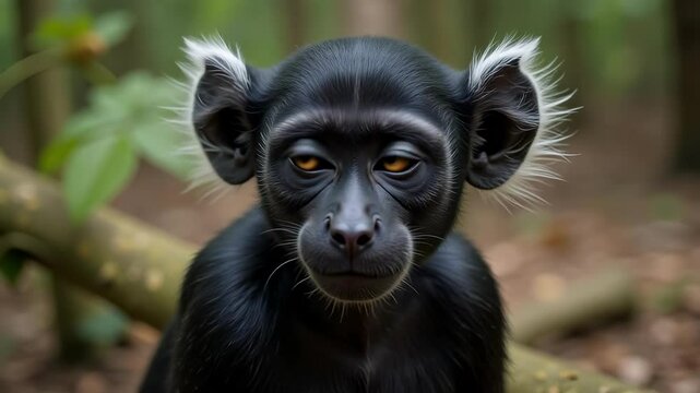 An intimate close-up showcases a Black-Faced Vervet Monkey's expressive eyes and tufted ears at the forest edge, bathed in daylight, captured in stunning 4k.