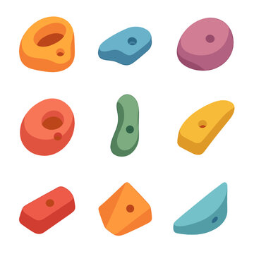 Climbing Hold Icons. Isometric Flat icon set of climbing hold types: jug hold, crimp hold, sloper, pocket, pinch, undercling, edge