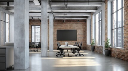 Modern office loft with exposed brick walls, concrete pillars, and a collaborative workspace design.