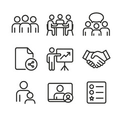 Collaboration Icon Set. Outline icon set of Group Work and Collaboration: group of students, meeting table, brainstorming bubble,