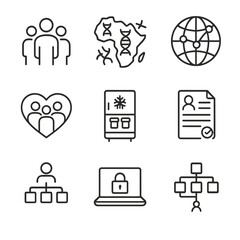 Population Health Icons. Outline icon set of population health genomics: population silhouette group, genetic diversity map,