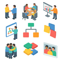 Colleague Teamwork Icons. Isometric Flat icon set of colleague teamwork: handshake, meeting table, presentation screen, whiteboard