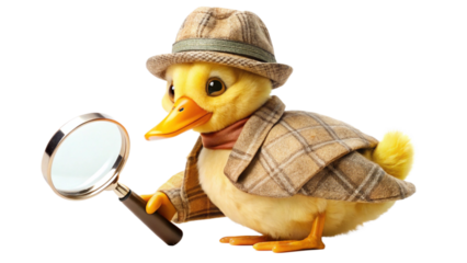 Cute yellow duckling detective wearing a brown plaid coat and fedora hat holding a magnifying glass isolated on a transparent background