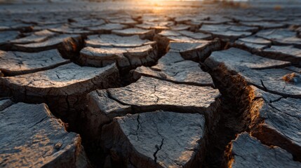 Cracked earth surface in dry desert, dramatic texture, space for environmental message