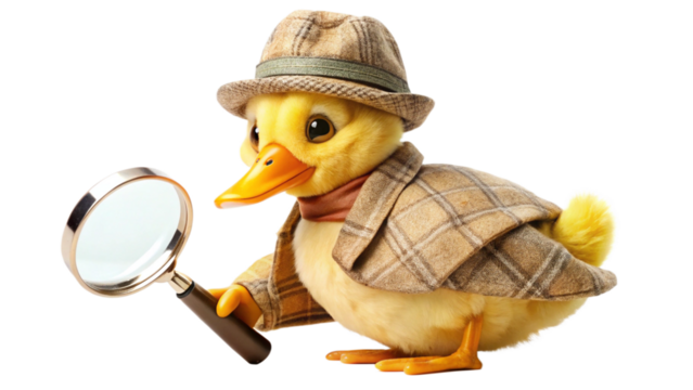 Cute yellow duckling detective wearing a brown plaid coat and fedora hat holding a magnifying glass isolated on a transparent background