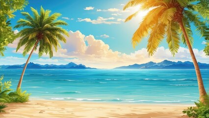 Obraz premium A serene tropical beach scene featuring gentle waves lapping at a sandy shore, framed by lush palm trees.