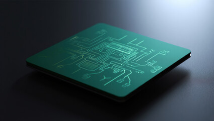 Softly glowing eco-friendly chip with embedded solar and wind icons, symbolizing green energy integrated into advanced circuitry.