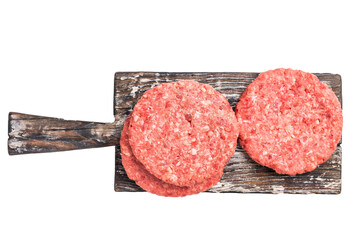 Raw pork and beef meat patties with herbs on wooden board isolated on white background
