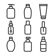 Fototapeta premium Cosmetic Icons Grid. Outline icon set of liquid cosmetic products: lotion pump bottle, shampoo bottle, conditioner tube, serum