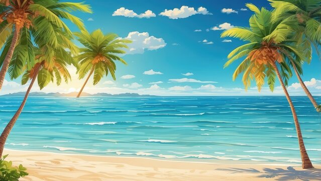 A serene tropical beach scene featuring gentle waves lapping at a sandy shore, framed by lush palm trees.