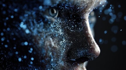 Digital human face made of code and data particles, artificial intelligence visualization, space for branding