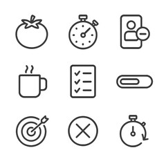 Obraz na płótnie Canvas Productivity Icon Set. Outline icon set of productivity techniques and Pomodoro: tomato timer, stopwatch, focus mode icon, break