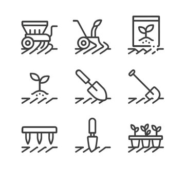 Icon Set_ Crop Planting. Outline icon set of crop planting in plowed field: seed drill, furrow opener, seed packet, sprout
