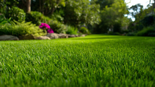 Fototapeta Close-up View of a Perfectly Manicured Lawn with Lush Green Grass and Smooth Texture.