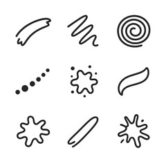 Sauce Techniques Icons. Outline icon set of Sauce Smear and Drizzle Techniques: sweeping brushstroke, zigzag drizzle, concentric