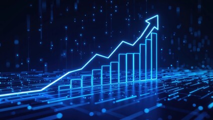 Naklejka premium Digital neon blue bar graph with upward trend arrow and data points on a dark futuristic background