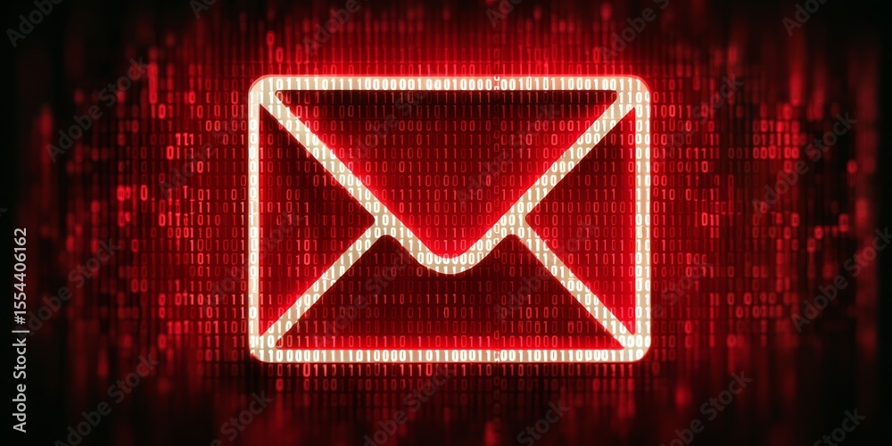 Poster digital mail security concept with e-mail envelope on red binary code featuring phishing risks