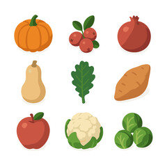 Seasonal Produce Icons. Isometric Flat icon set of seasonal fruits and vegetables: pumpkin, cranberry, pomegranate, butternut