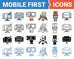 Mobile first icon set with multiple style collection.