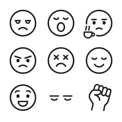 Fototapeta premium Study Mood Icons. Outline icon set of Study Mood and Emotions: tired face, yawning emoji, coffee-fueled face, determined face,