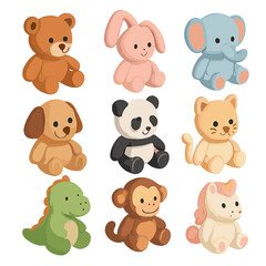 Obraz premium Stuffed Animal Icons. Isometric Flat icon set of stuffed animal collection: teddy bear, plush rabbit, plush elephant, plush dog,