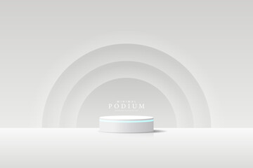 3D product Minimal display stand. white color cylinder stand podium on a gray background. Abstract geometric shapes in a simple design. Fashion stage mockup scene. Studio product display stand.