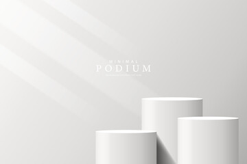 3D product Minimal display stand. white color cylinder stand podium on a gray background. Abstract geometric shapes in a simple design. Fashion stage mockup scene. Studio product display stand.