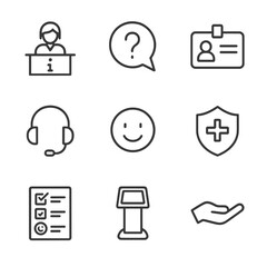 Customer Service Icons. Outline icon set of Customer Service and Assistance: information desk, question bubble, name tag, headset,