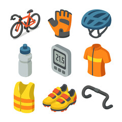 Cycling Gear Icons. Isometric Flat icon set of cycling gloves: road bike, padded glove, helmet, water bottle, bike computer,