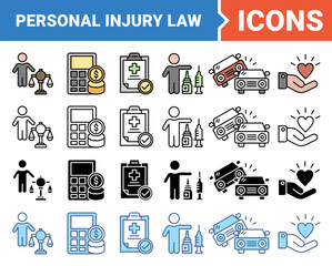 Personal injury law icon set with multiple style collection.