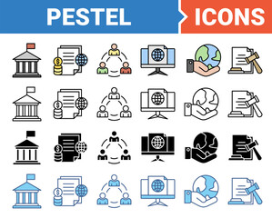 Pestel concept of political economic social technological environmental legal icon set with multiple style collection.