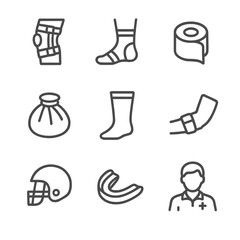 Fototapeta na wymiar Sports Injury Rehab Icons. Outline icon set of sports injury rehabilitation: knee brace, ankle support, tape roll, ice pack,