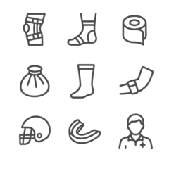 Gordijnen Sports Injury Rehab Icons. Outline icon set of sports injury rehabilitation: knee brace, ankle support, tape roll, ice pack, © Coosh448